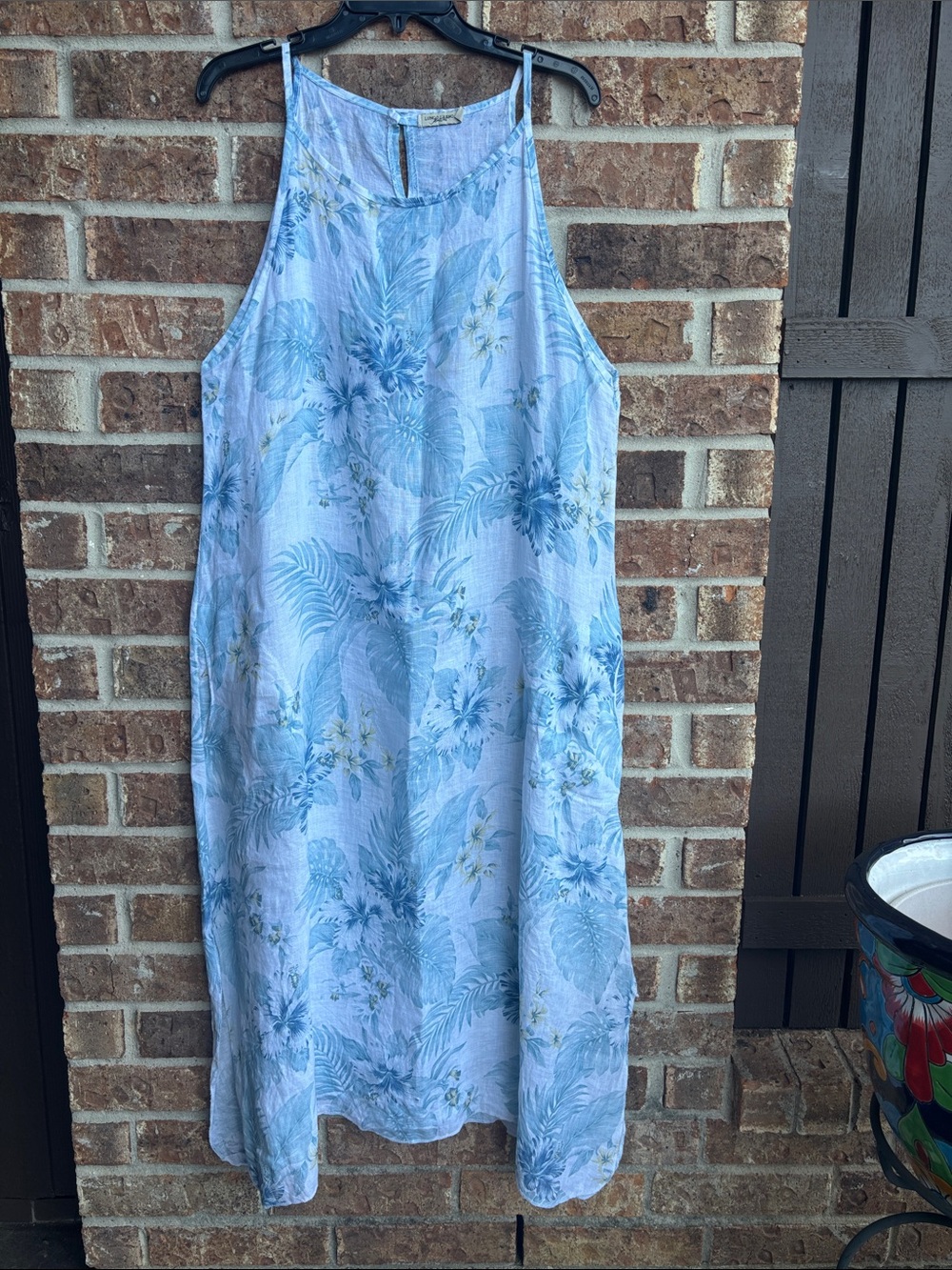 Lungo L’arno Light Blue Tropical Print slit Sundress 100% linen